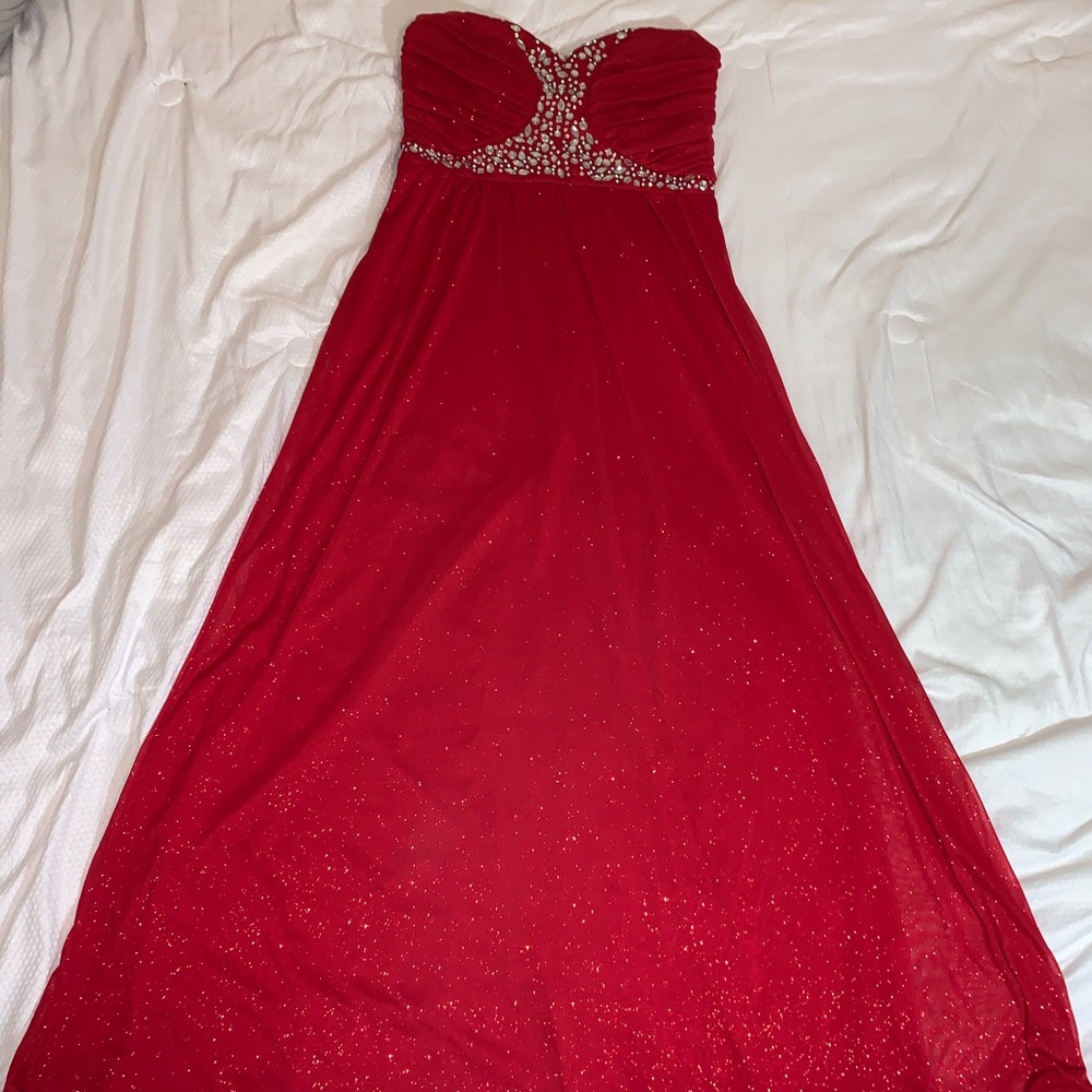 Maxi Strapless Red Sweetheart Dress Rhinestone